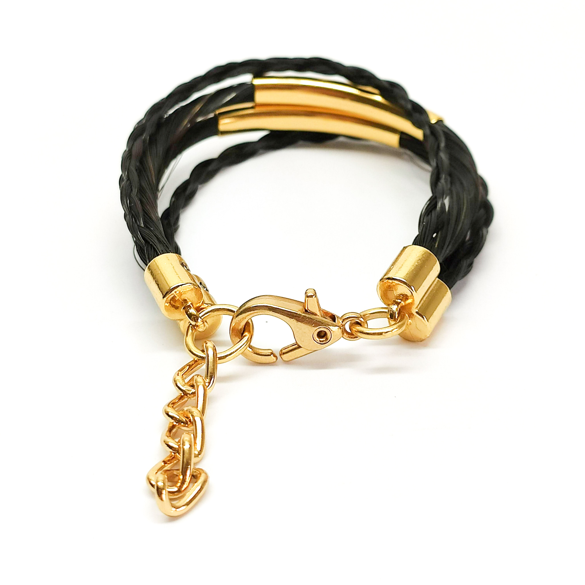 pulseira_quatro_forças_preta_dourada_crina_costas_fecho